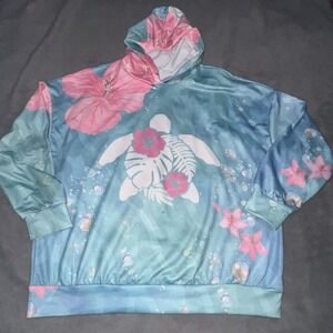 Hooded Sweatshirt Blue/Pink Turtle, Hibiscus Floral Print Women's‎ XL Hoodie